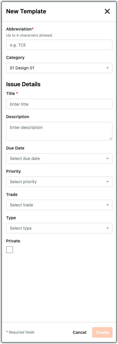 This image shows the New Template panel for Coordination Issues. 