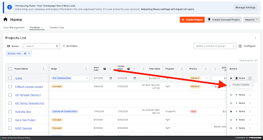 Screenshot of a project management dashboard with a red arrow pointing to a Project Details button in the Actions column.