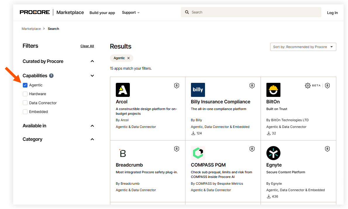 How to filter for agentic apps in Procore Marketplace
