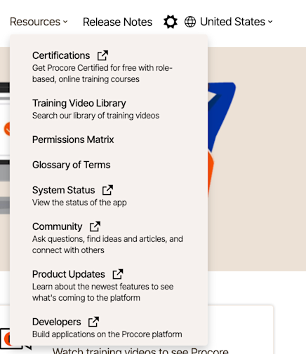 Dropdown resources menu showing options including Certifications, Training Videos, Permissions Matrix, and Developer resources for Procore platform.