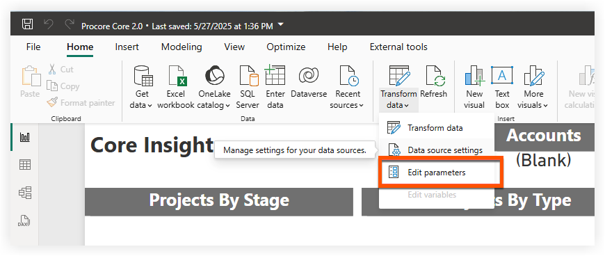 Procore Core 2.0 interface showing data management options with 
