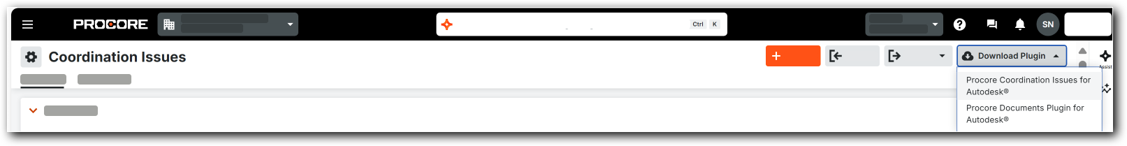 A partial simplified user image that shows the Download Plugin button with the Procore Coordination Issues for Autodesk and Procore Documents Plugin for Autodesk menu options. 