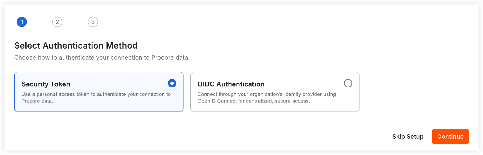 Step 1 of 3 setup screen showing Select Authentication Method with Security Token selected and OIDC Authentication as an option.
