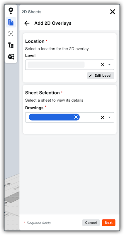 This image shows the Add 2D Overlays features for Location and Sheet Selection in the 2D Sheets window. This is available in the viewer of the Model Manager tool.