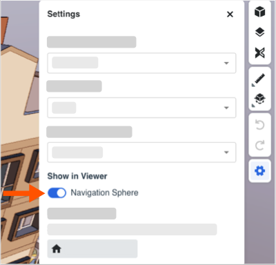 This image shows the Navigation Sphere toggle in the Show in Viewer area of the Settings page which is accessed by clicking the Settings icon in the Right Toolbar of the viewer in the Model Manager tool.