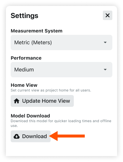 This image shows the Download button when viewing the Settings for a Model Snapshots in the Next-Gen Viewer of the Model Manager tool on an iOS/Android device.