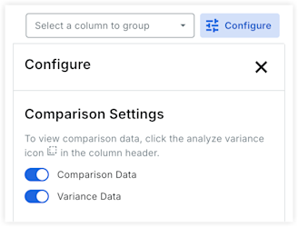Configuration dialog showing comparison settings with dropdown menu and toggle options for comparison and variance data