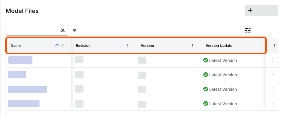 This image shows the columns that display be default in the Model Files card that is available in the Admin View of the Model Manager Landing Page. 