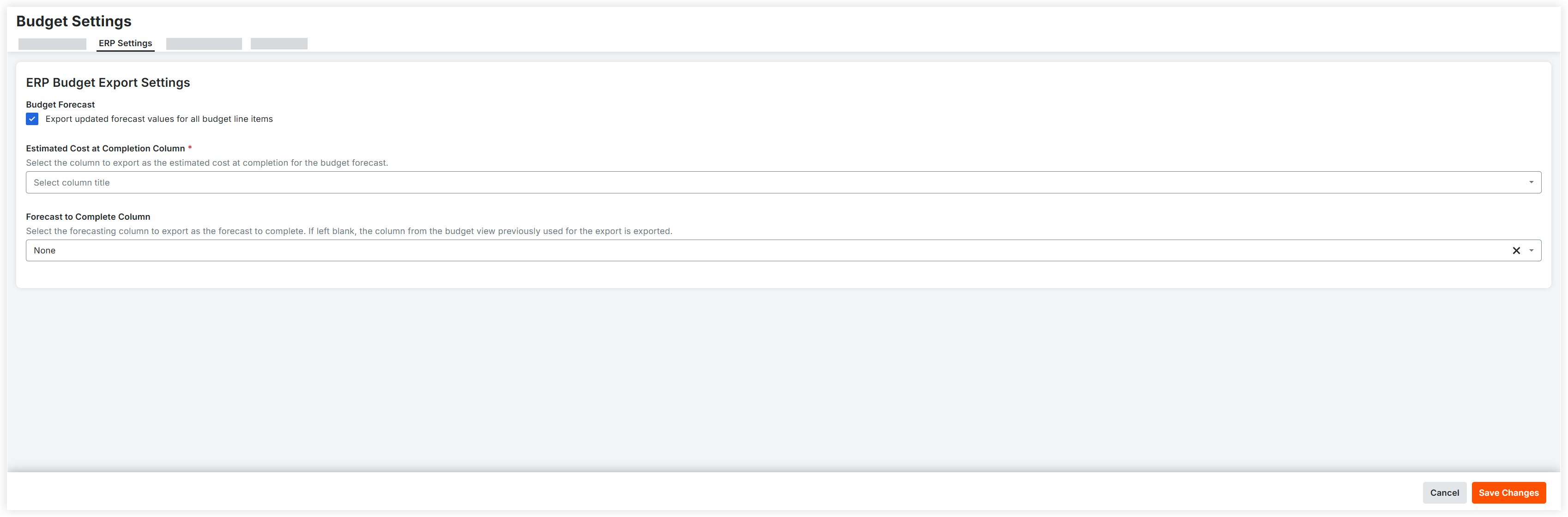 Budget Settings page showing ERP Budget Export Settings with forecast options, column selectors, and Save Changes button.