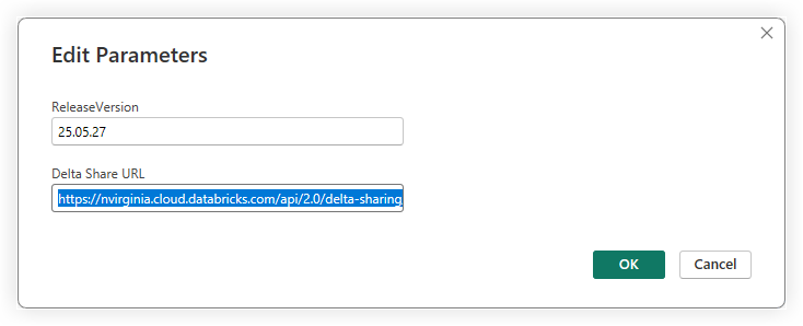 Edit Parameters dialog box showing ReleaseVersion field with value 