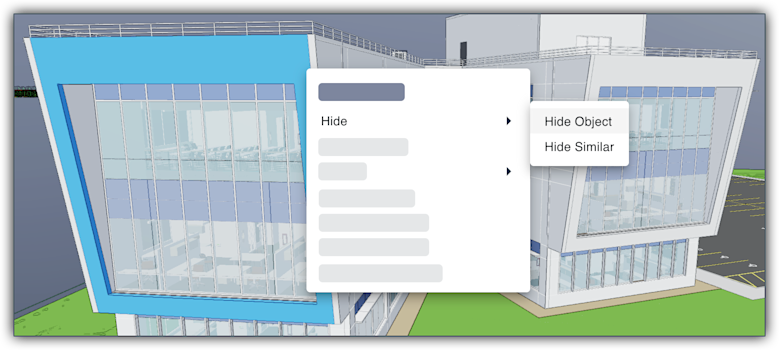 This image shows the Actions menu when you select an object in the viewer of the Model Manager tool.