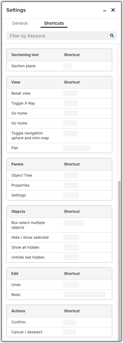 This simplified user image shows a list of keyboard Shortcuts for the Next-Gen Viewer, which appears in the Settings window of the Procore Project Tools that support the viewer.