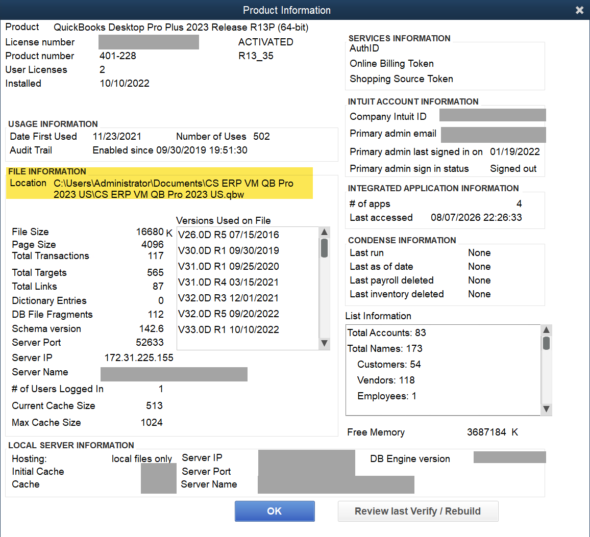 Screenshot of QuickBooks Premier Contractor Edition 2020 Product Information dialog box showing license, usage, and file details.