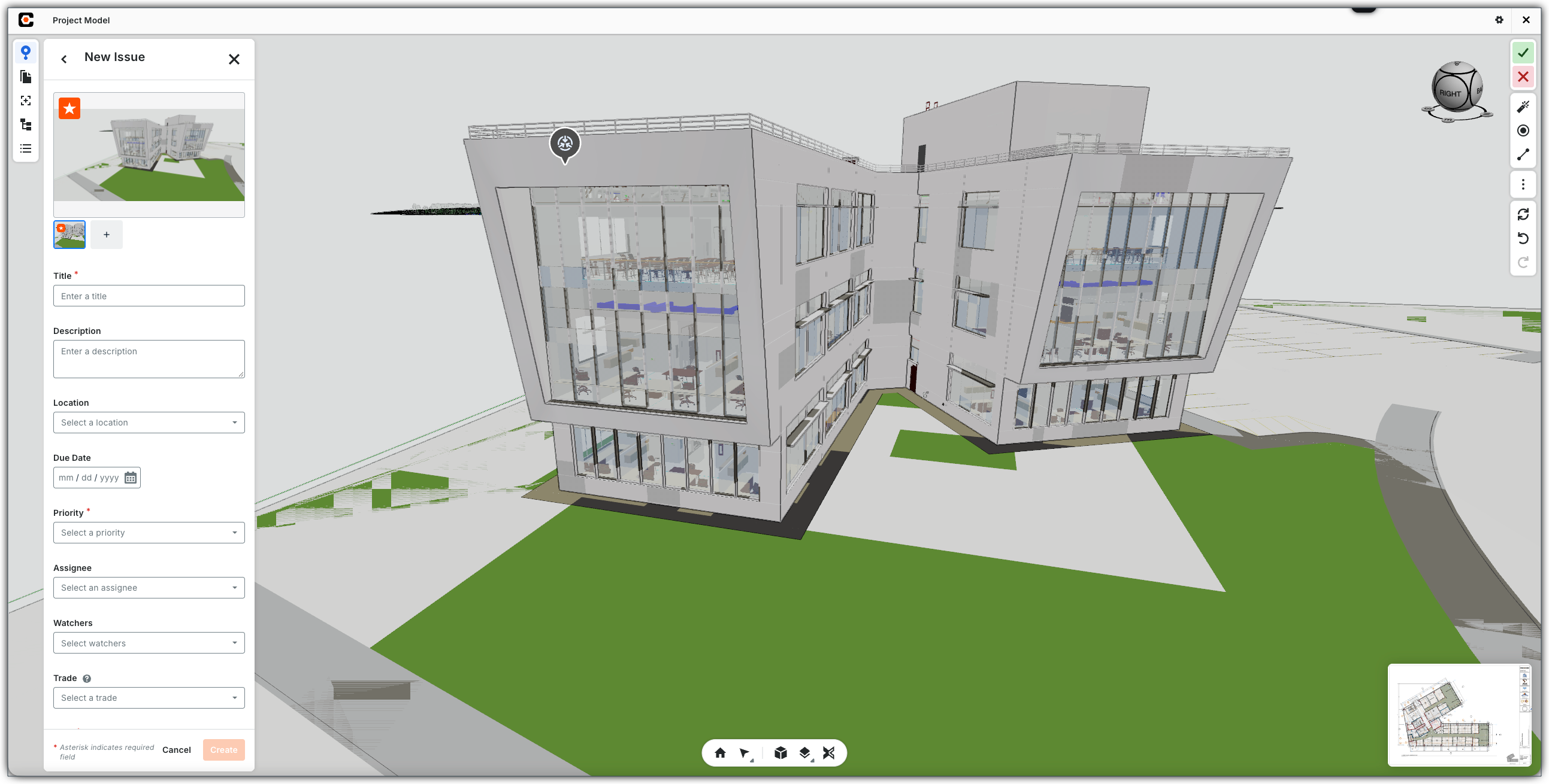 This shows the New Issue panel with a new pin in the Next-Gen Viewer of the Model Manager tool. 