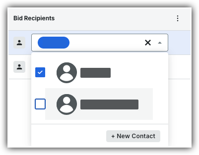 Bid Recipients panel showing a dropdown with two contacts, one selected with a blue checkmark, and a New Contact button.