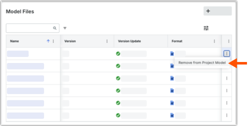 This images shows the Remove from Project Model option in the More menu for a Model File in the Model Manager tool.