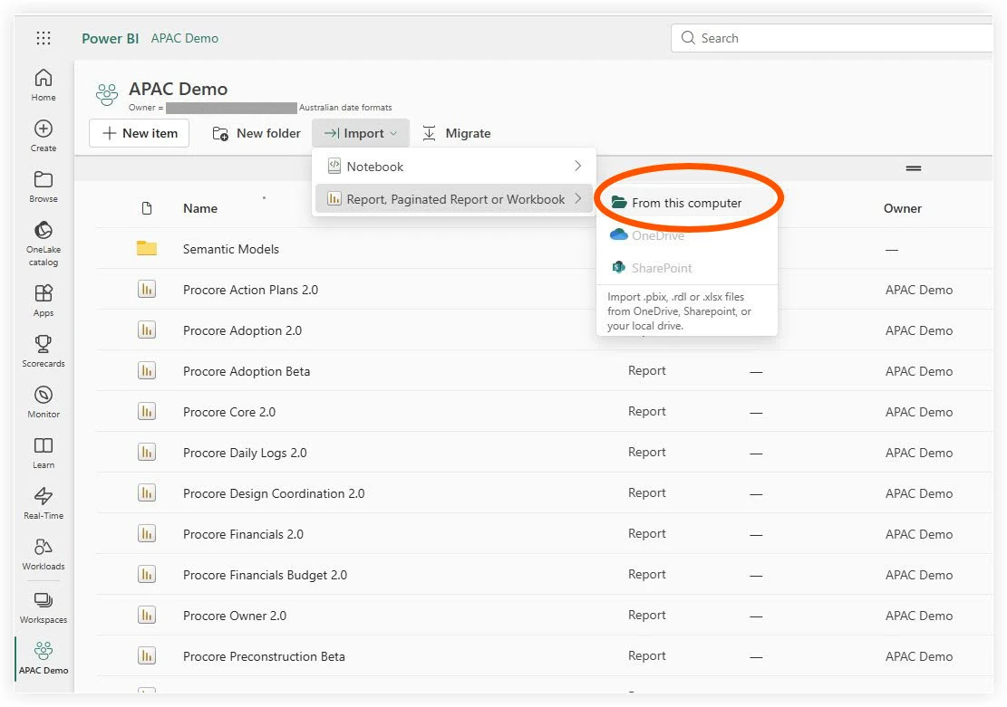 Power BI interface showing APAC Demo workspace with import dropdown menu highlighting 