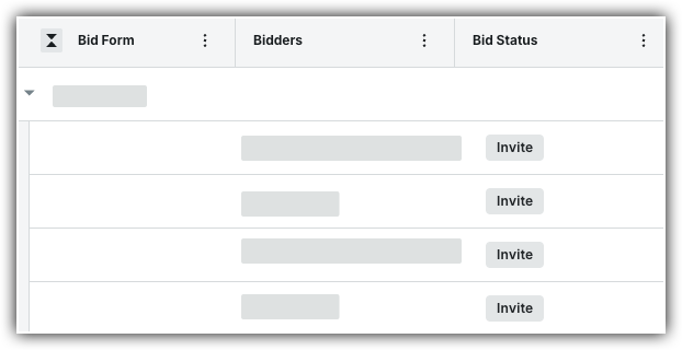 A bid management table with columns for Bid Form, Bidders, and Bid Status, showing multiple rows with Invite buttons.