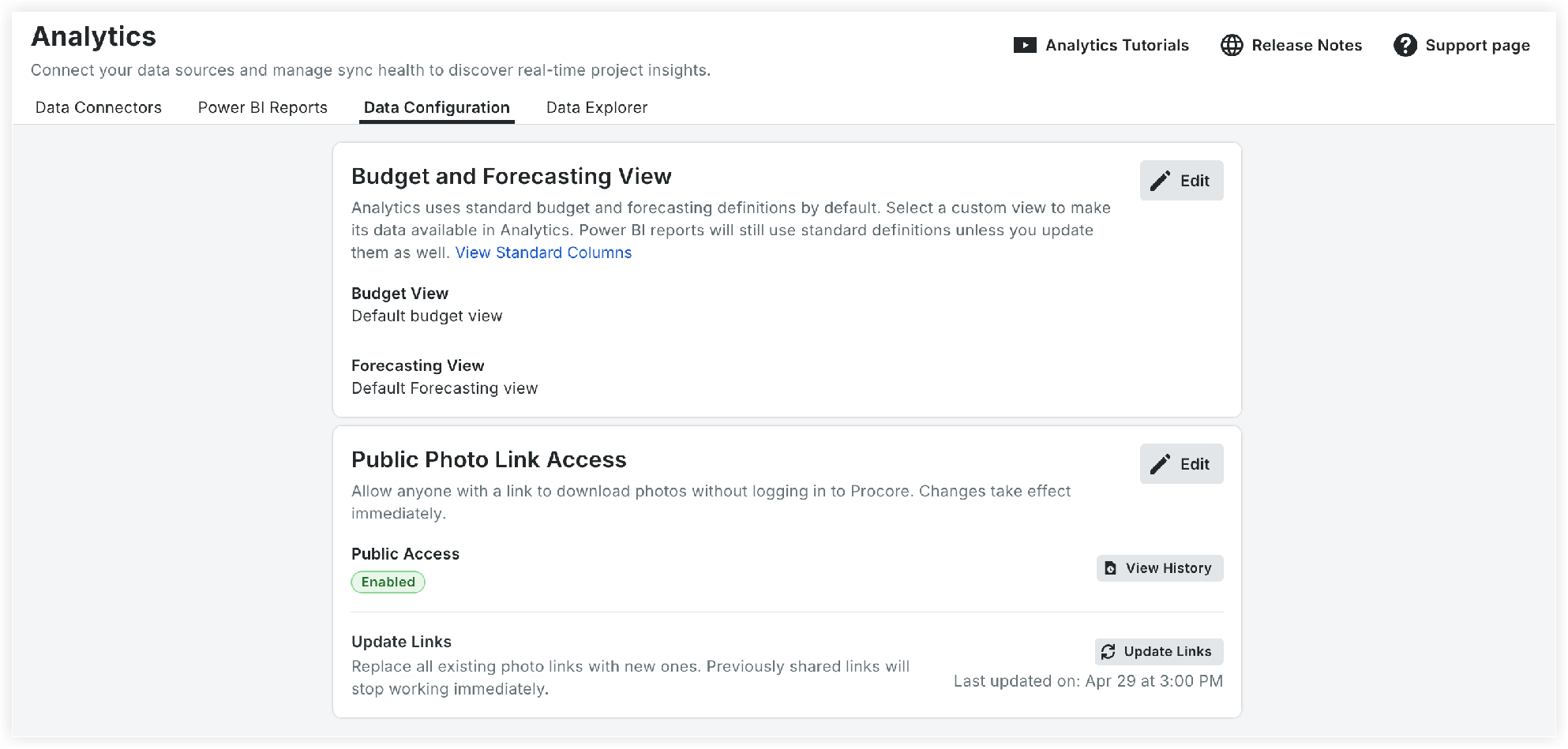 Analytics Data Configuration page showing Budget and Forecasting View settings and Public Photo Link Access with Enabled status.