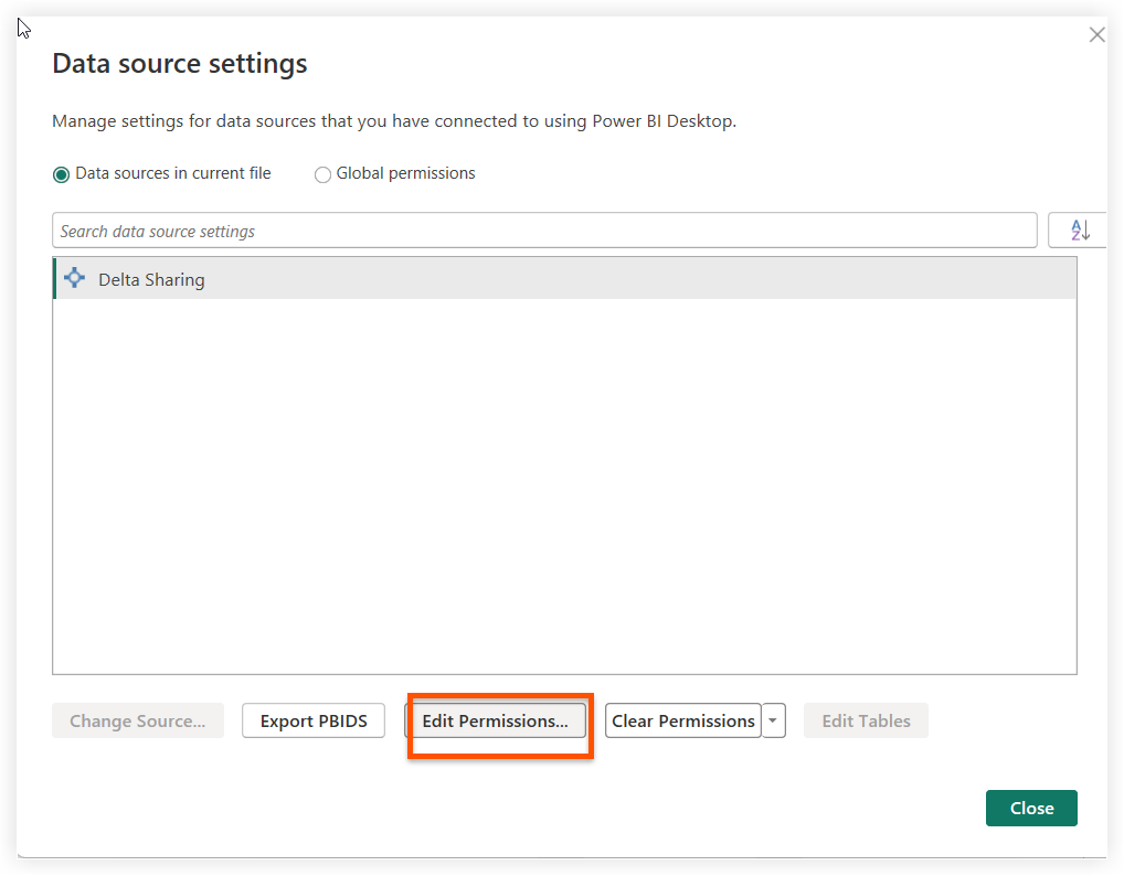 Power BI Desktop data source settings dialog showing Delta Sharing connection with Edit Permissions button highlighted in orange.