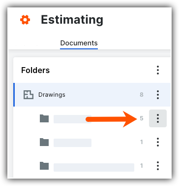 Estimating interface showing folder structure with Drawings folder containing 8 items and an orange arrow pointing to a subfolder with 5 items