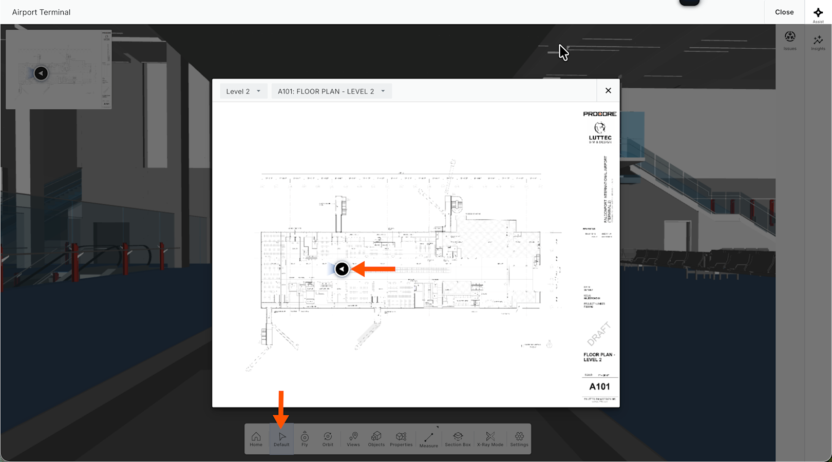 This shows a 2D drawing opened over a 3D model with a marked placed on the 2D drawing while the Default tool is active.