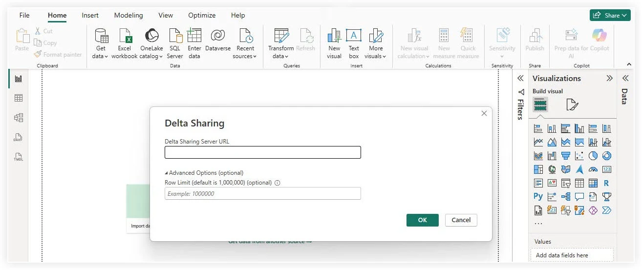 Delta Sharing dialog box in data analysis software showing server URL input field and row limit option with visualization tools panel.