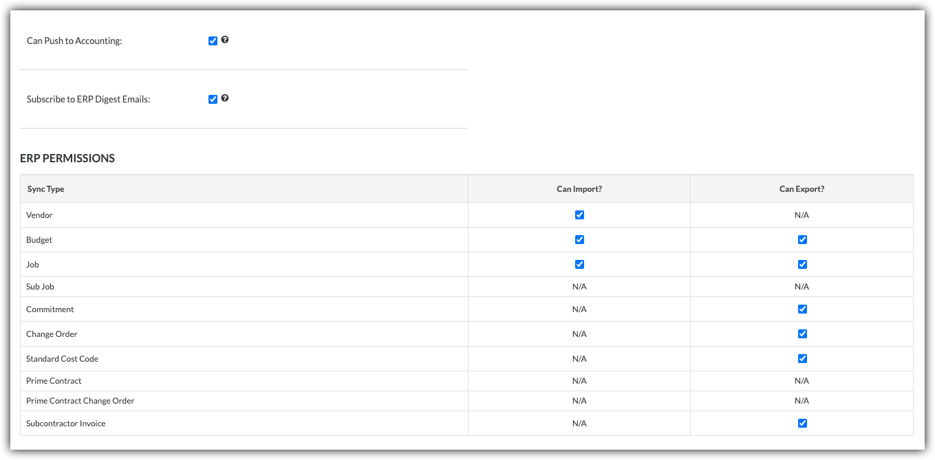 ERP permissions settings panel showing sync type table with import and export checkboxes for vendor, budget, job, and other types.