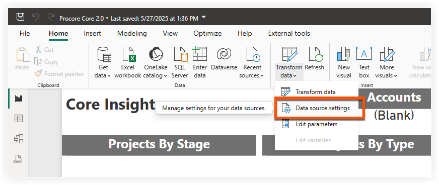 Procore Core 2.0 interface showing data management options with 