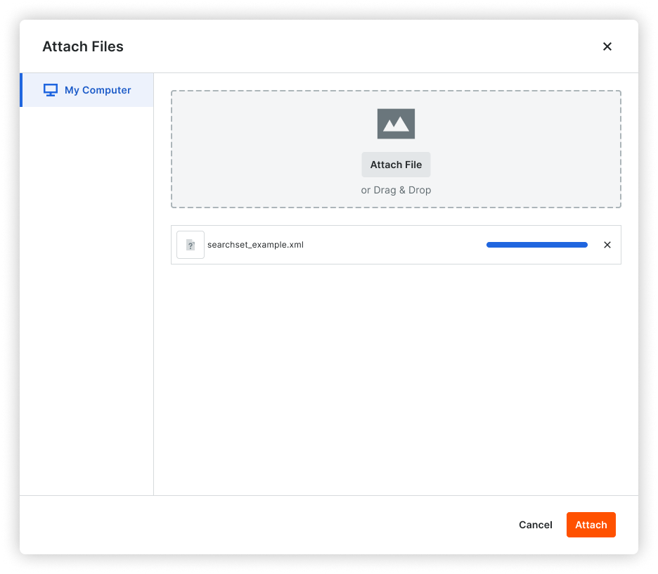 This image shows the Attach Files dialog box when uploading an XML search sets to the Search Sets feature of the Next Gen Viewer in the Model Manager tool.