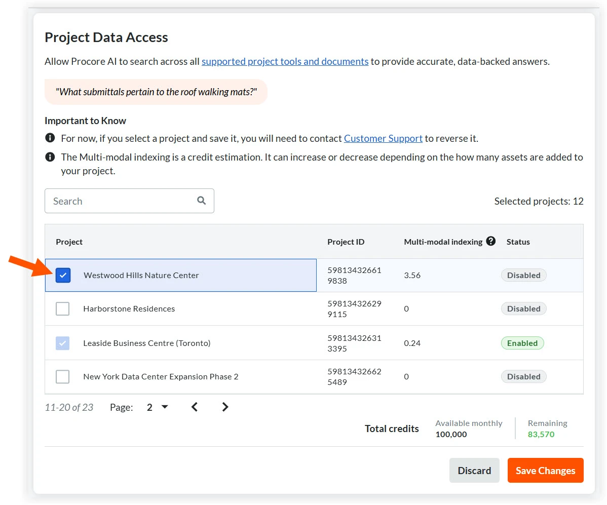Choosing which projects the AI should learn (index) in the Company Admin tool