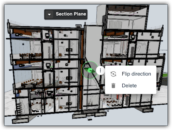This images shows the More menu options for a section plane on a 3D model in the viewer of the Model Manager tool. 