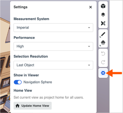 This image shows all of the default options in the Setting page, which is accessed with the Settings icon on the right toolbar in the Model Manager viewer.