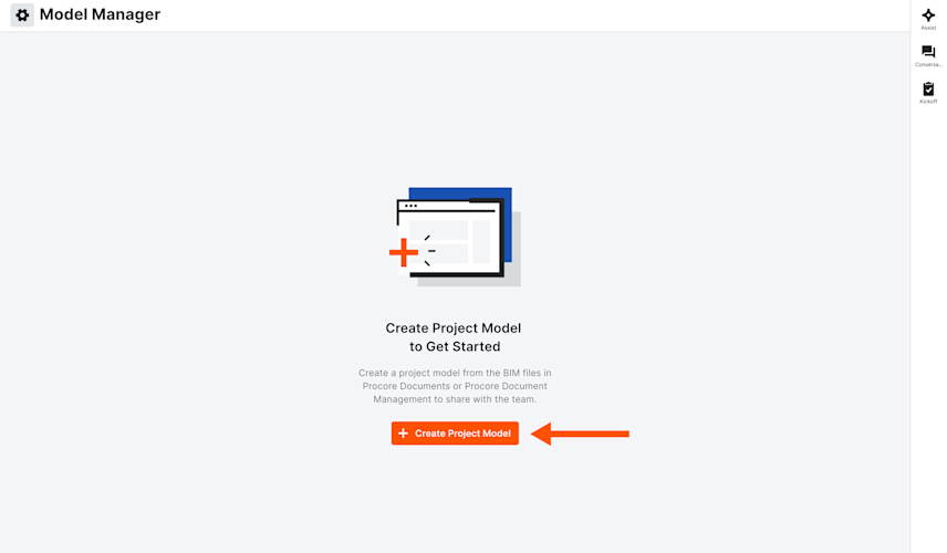 This page shows the Create Project Model button on the Model Manager Landing Page when the tool is in an empty state. 