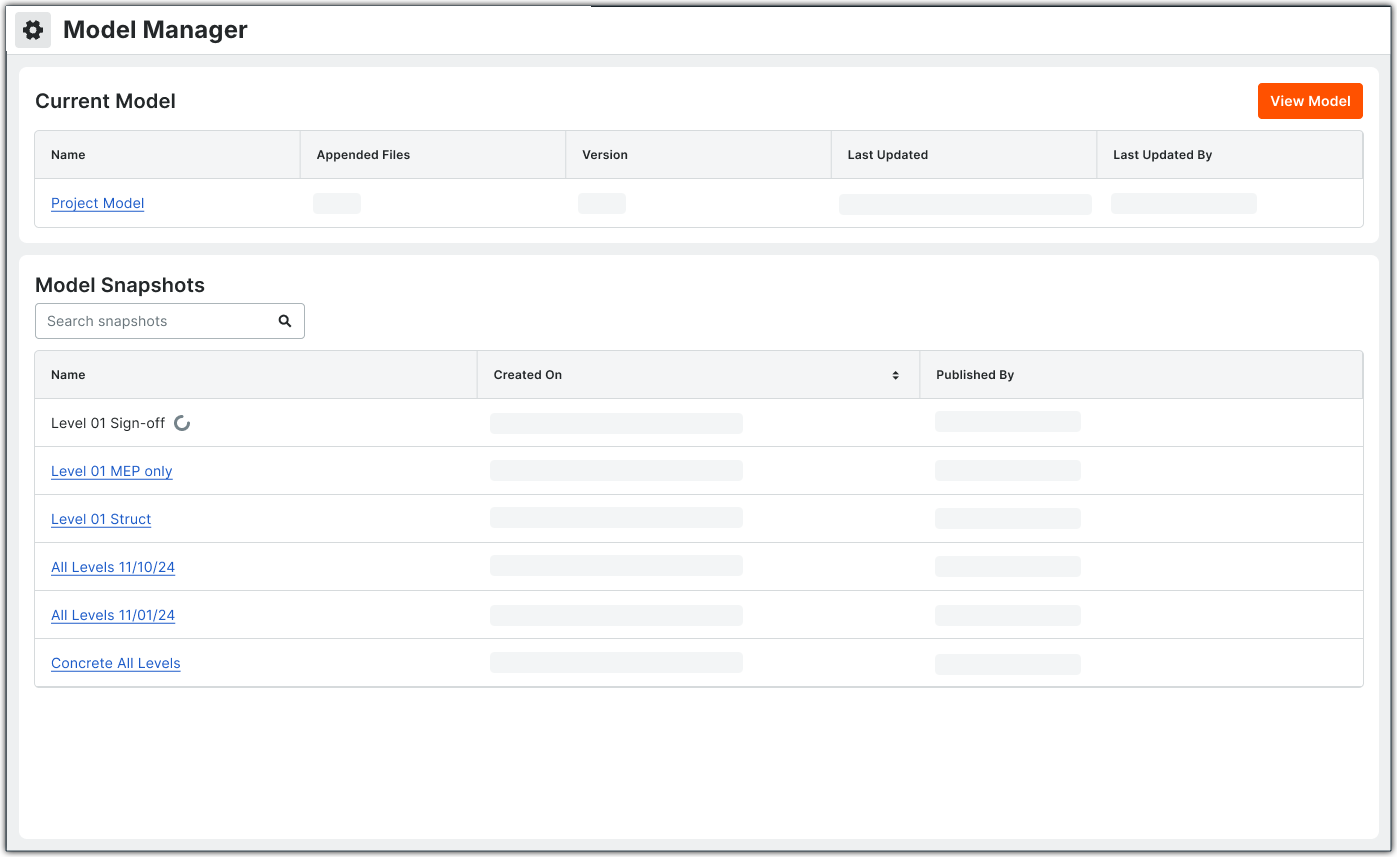This image shows the Project Model Manager landing page for Read Only & Standard Users on the Procore Mobile app (iOS/Android)