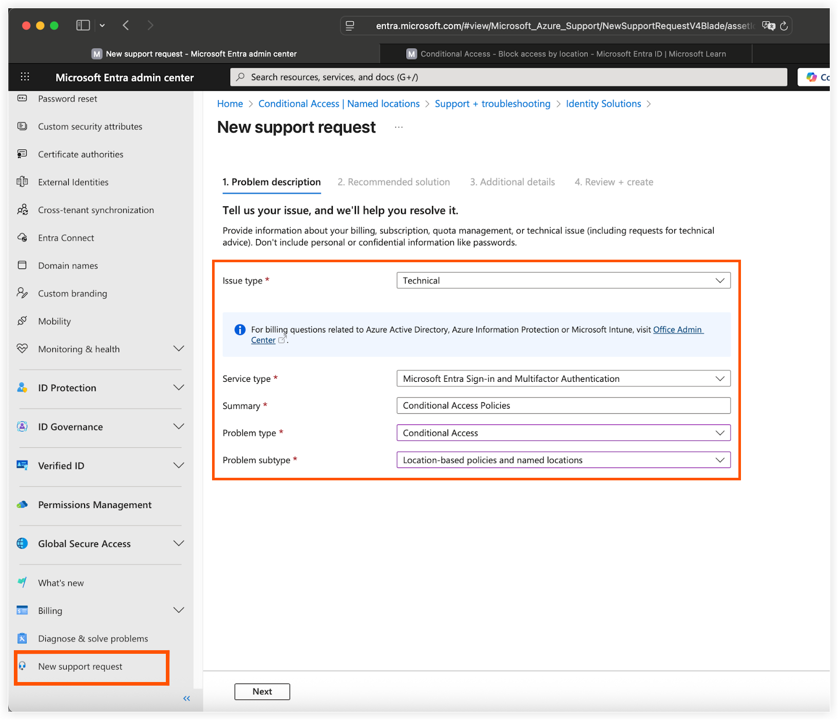 Microsoft Entra admin center showing a new support request form for Conditional Access policies with technical issue details.