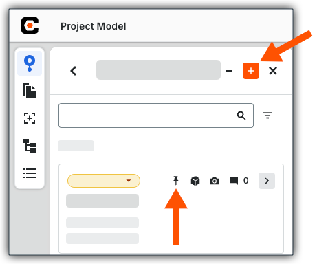 This image shows the Items panel with arrows pointing to the Plus (+) icon in the panel and a Pin icon on an existing card.