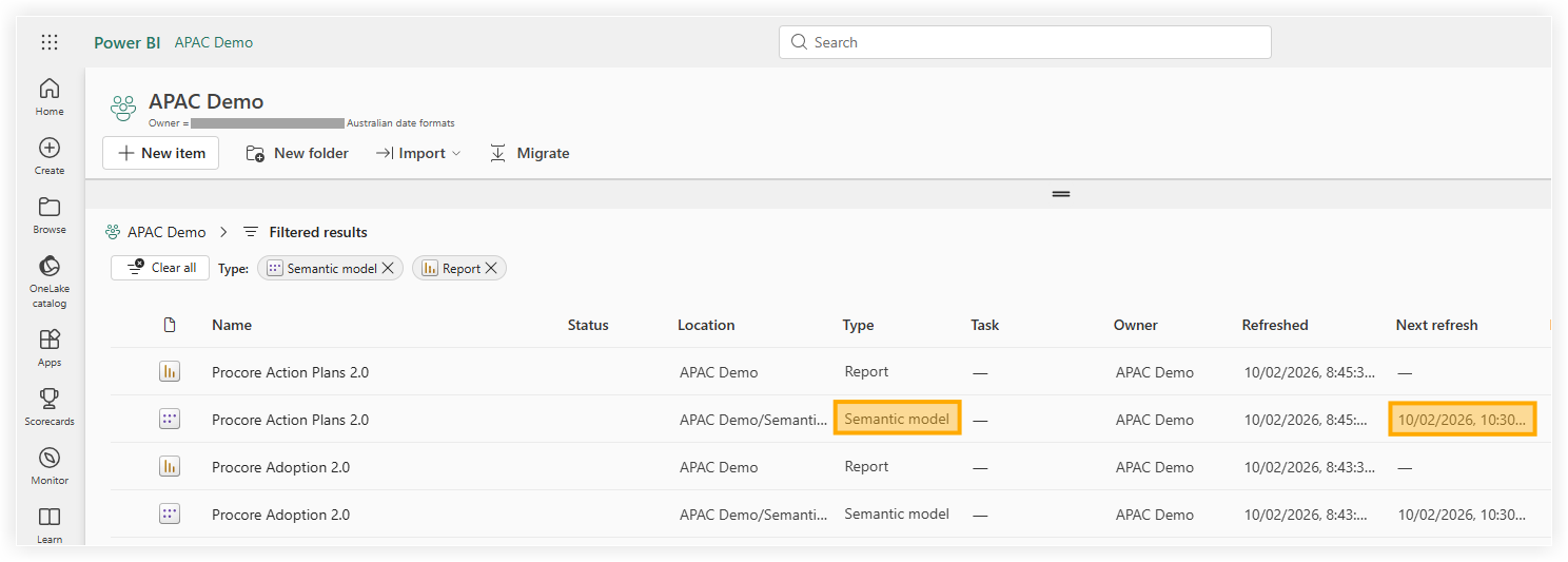 Power BI APAC Demo workspace showing filtered results of reports and semantic models with refresh dates and navigation menu.