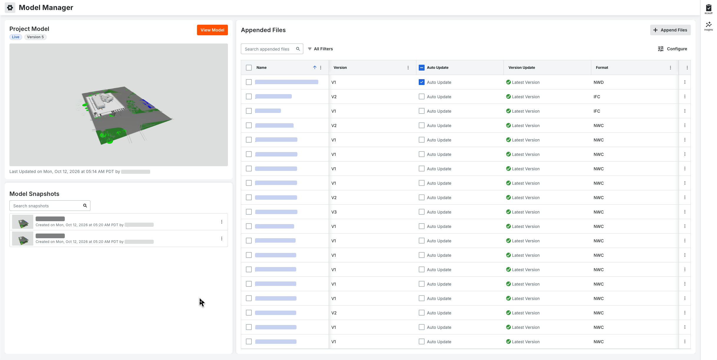 This image shows the Admin view on the Model Manager landing page with the Project Model, Appended, Files, and Project Views card.