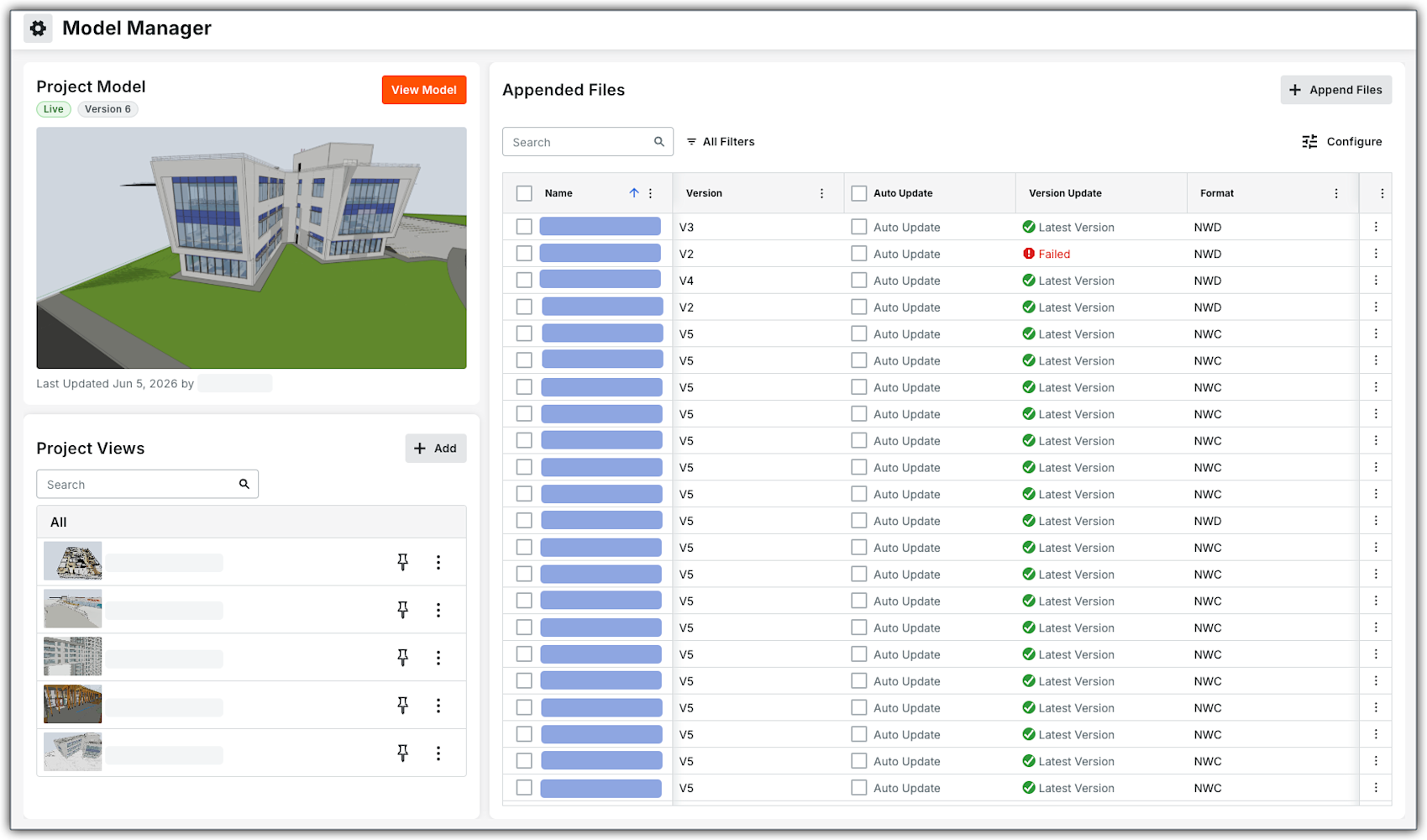 This image shows the Admin view on the Model Manager landing page with the Project Model, Appended, Files, and Project Views card.