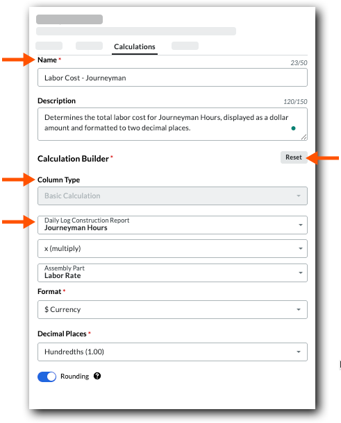 Shows an example of a Basic Calculation for determining the total labor cost for Journeyman Hours, displayed as a dollar amount and formatted to two decimal places. 