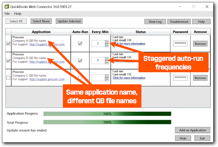 QuickBooks Web Connector interface showing Procore applications with different QB file names and staggered auto-run frequencies.