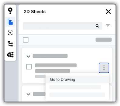 This image shows the Go to Drawing menu option in the More menu of a 2D sheet in the left toolbar of the viewer in the Model Manager tool.