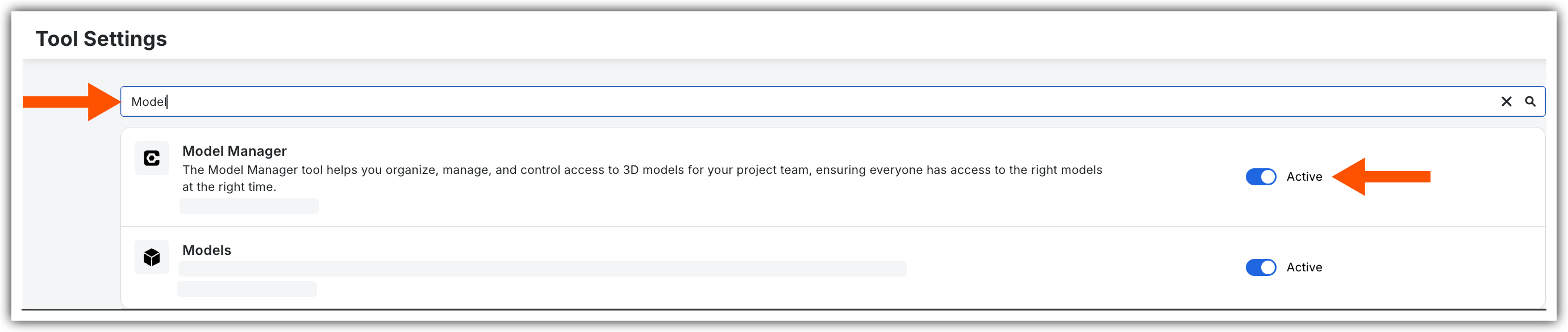 This image shows the Tool Settings page in the Project Admin tool with the Model Manager tool setting in the Active state.