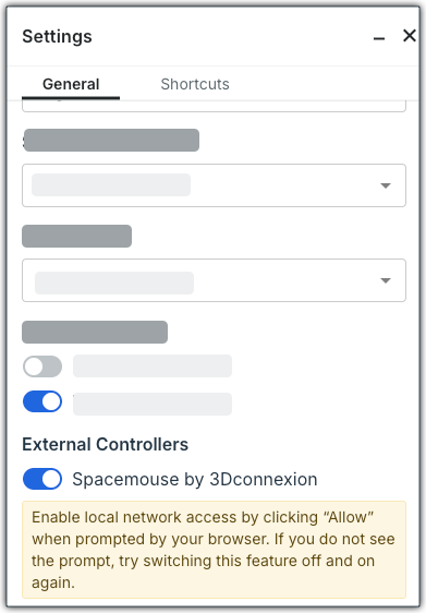 This image shows you the External Controllers area of the Next-Gen Viewer Settings with the Spacemouse by 3Dconnexion setting toggled on.