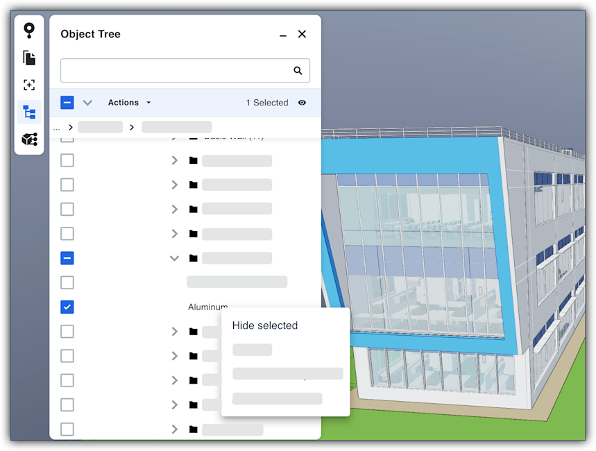 This image shows the Object Tree panel with the Hide Selected option in the Model Manager's shortcut menu.