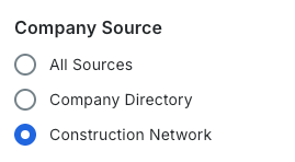 Radio button group labeled Company Source with options: All Sources, Company Directory, and Construction Network selected.