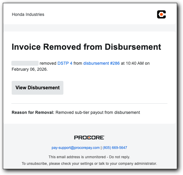 Notification email from Procore showing an invoice removed from a Procore Pay disbursement.
