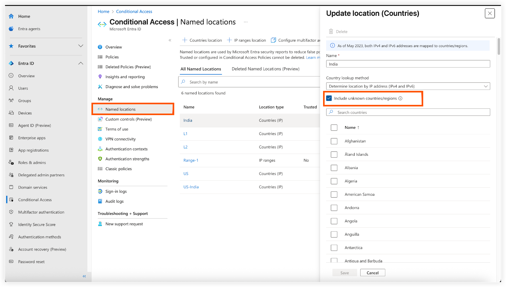 Microsoft Entra ID interface showing Conditional Access Named Locations settings with country selection dialog for India.