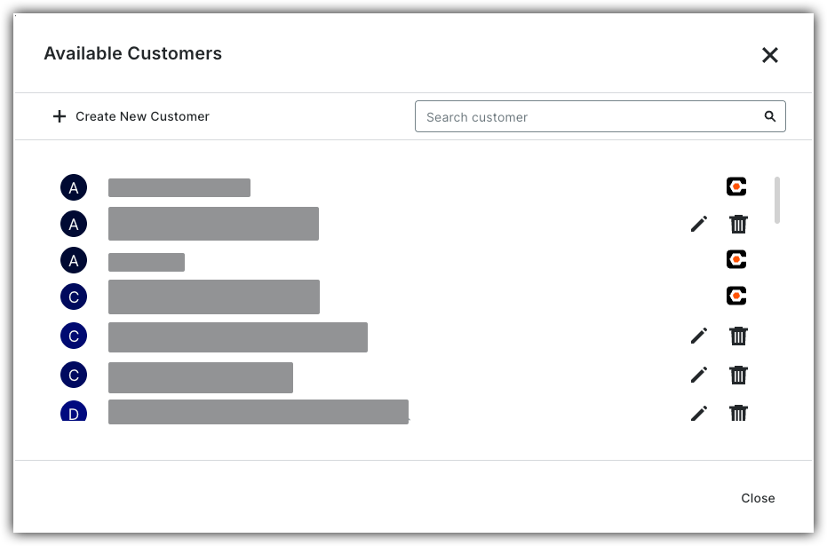 A dialog box titled Available Customers showing a list of customers with edit and delete icons, a search bar, and a Create New Customer button.